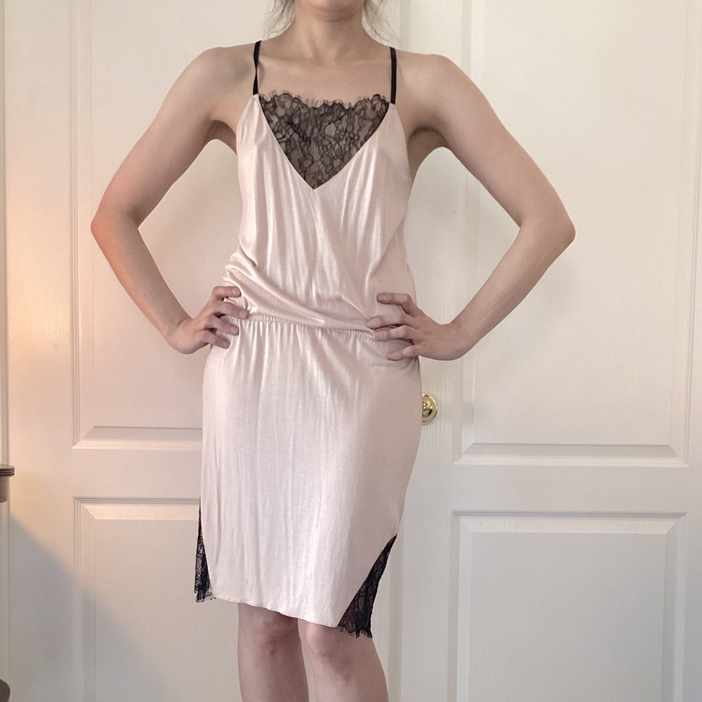 5F Bergdorf Goodman Pink Black Jersey Halter Strap Dress Lace Accents Size S